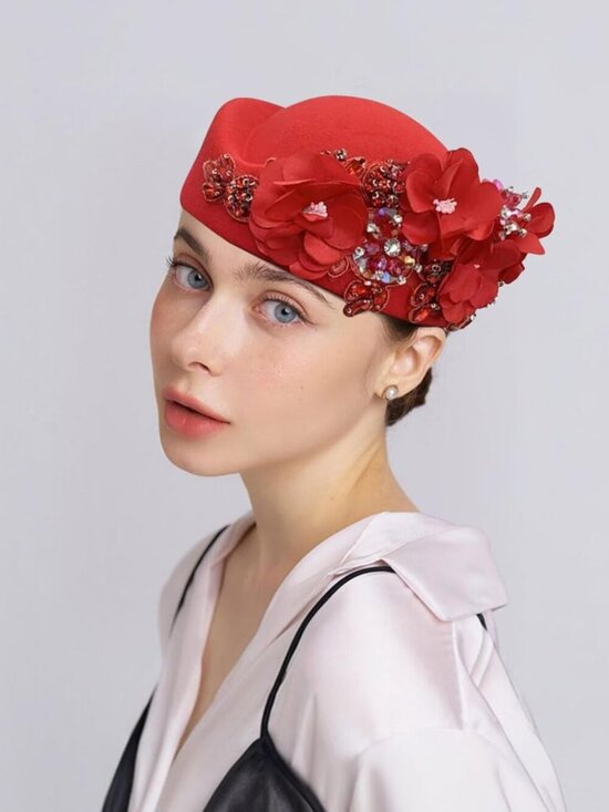 Women\'s British Felt hat Church Derby Headdress Floral Beret hat Red Red Rosederby Hat Black Women\ main image 2